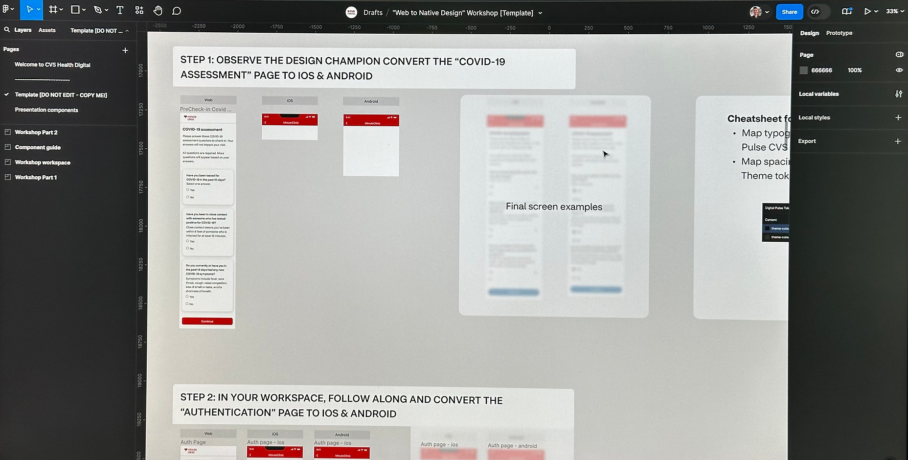 View of a Figma window displaying a workshop for converting web designs to native iOS/Android designs.